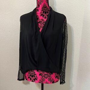 Lulus Black Blouse with Long Shear Lace Sleeves- Size M